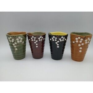 4 Vtg Japanese Coil Pottery Cherry Blossom Cups Wavy Rim Fall Colors